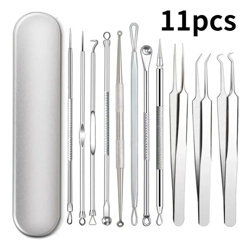 11pcs/set Acne Needle Blackhead Clip Remover Extraction Pore Face Skin Care Cleansing Double Headed Needles Blemish Removal Tool
