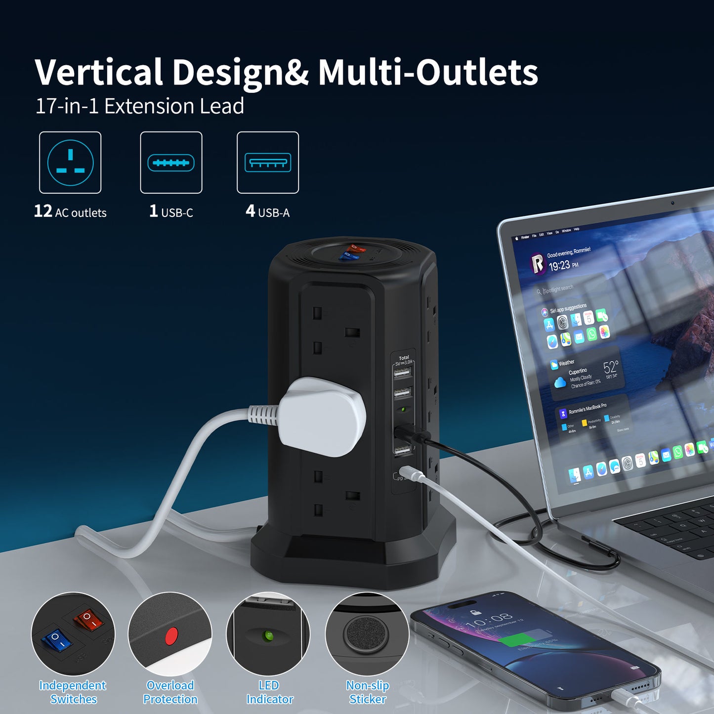 1.8M Cable Tower Extension Lead with USB Slots with 18W USB C Fast Charger(5V/3.1A), 12 Way Plug Extension Tower