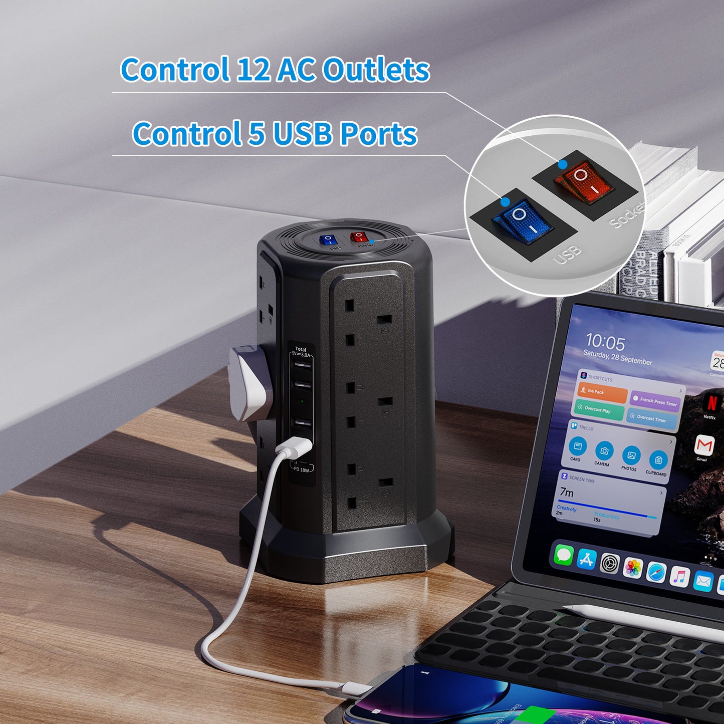 1.8M Cable Tower Extension Lead with USB Slots with 18W USB C Fast Charger(5V/3.1A), 12 Way Plug Extension Tower