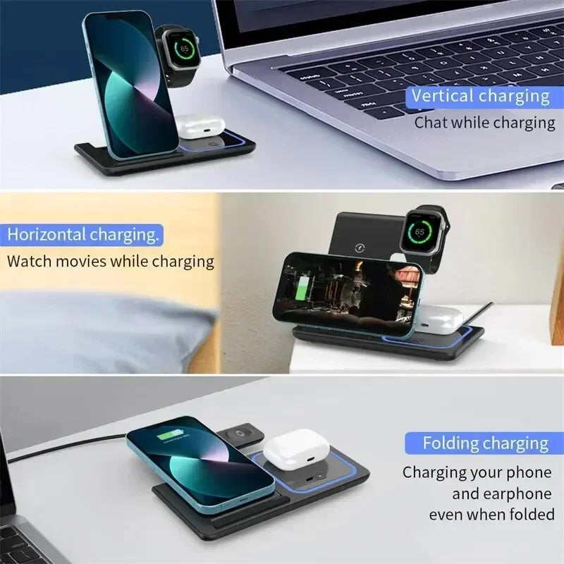 Desktop 3 In 1 Wireless Charger Stand Pad Foldable Phone Fast Charging Station Holder For iPhone 16 15 14 Pro Max iWatch Airpods