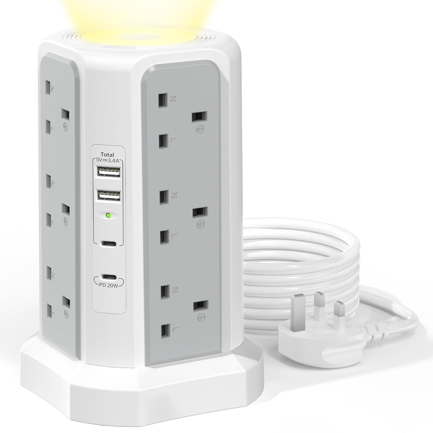 Tower expansion lead with 20W USB C fast charger, 12-way plug expansion tower with night light, 3250W with 2M extension cable