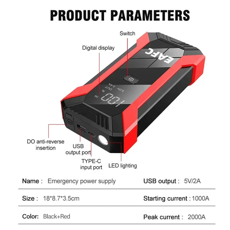 Power Bank 2000A/1200A/600A 12V Car Battery Jump Starter Portable Charger Car Booster Auto Starting Device Emergency Starter