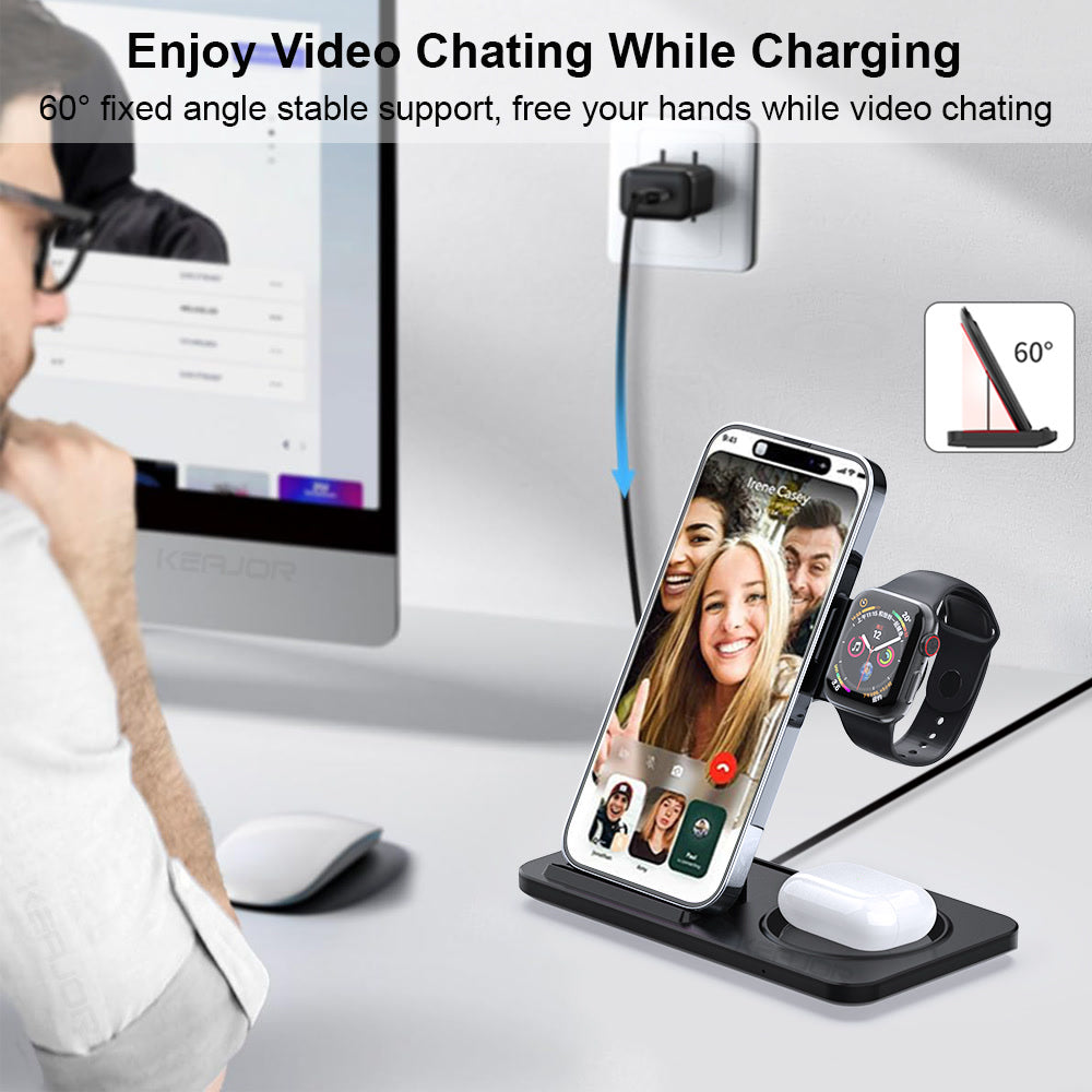Wireless Charger Foldable 3 in 1 for iPhone 15 14 13 12 11 Pro Max Fast Wireless Charging Station for Apple Watch Stand