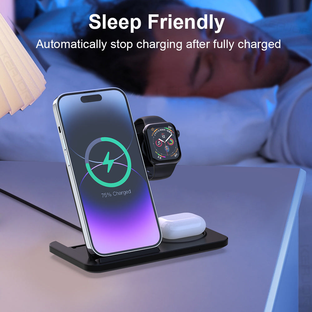 Wireless Charger Foldable 3 in 1 for iPhone 15 14 13 12 11 Pro Max Fast Wireless Charging Station for Apple Watch Stand