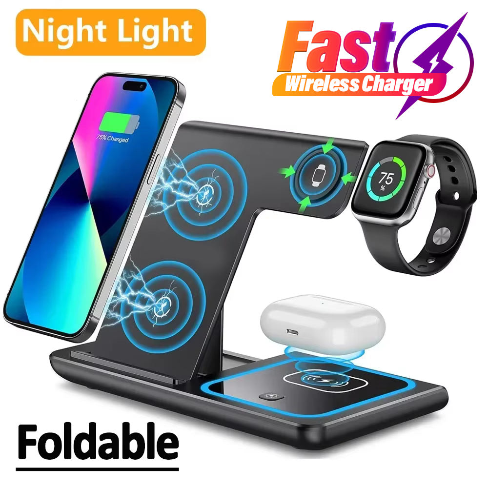 Desktop 3 In 1 Wireless Charger Stand Pad Foldable Phone Fast Charging Station Holder For iPhone 16 15 14 Pro Max iWatch Airpods