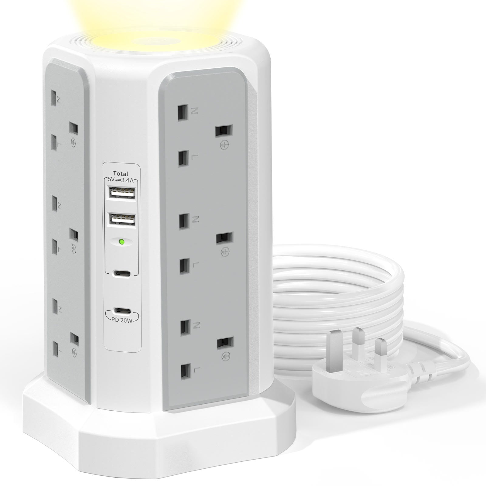 Tower expansion lead with 20W USB C fast charger, 12-way plug expansion tower with night light, 3250W with 2M extension cable
