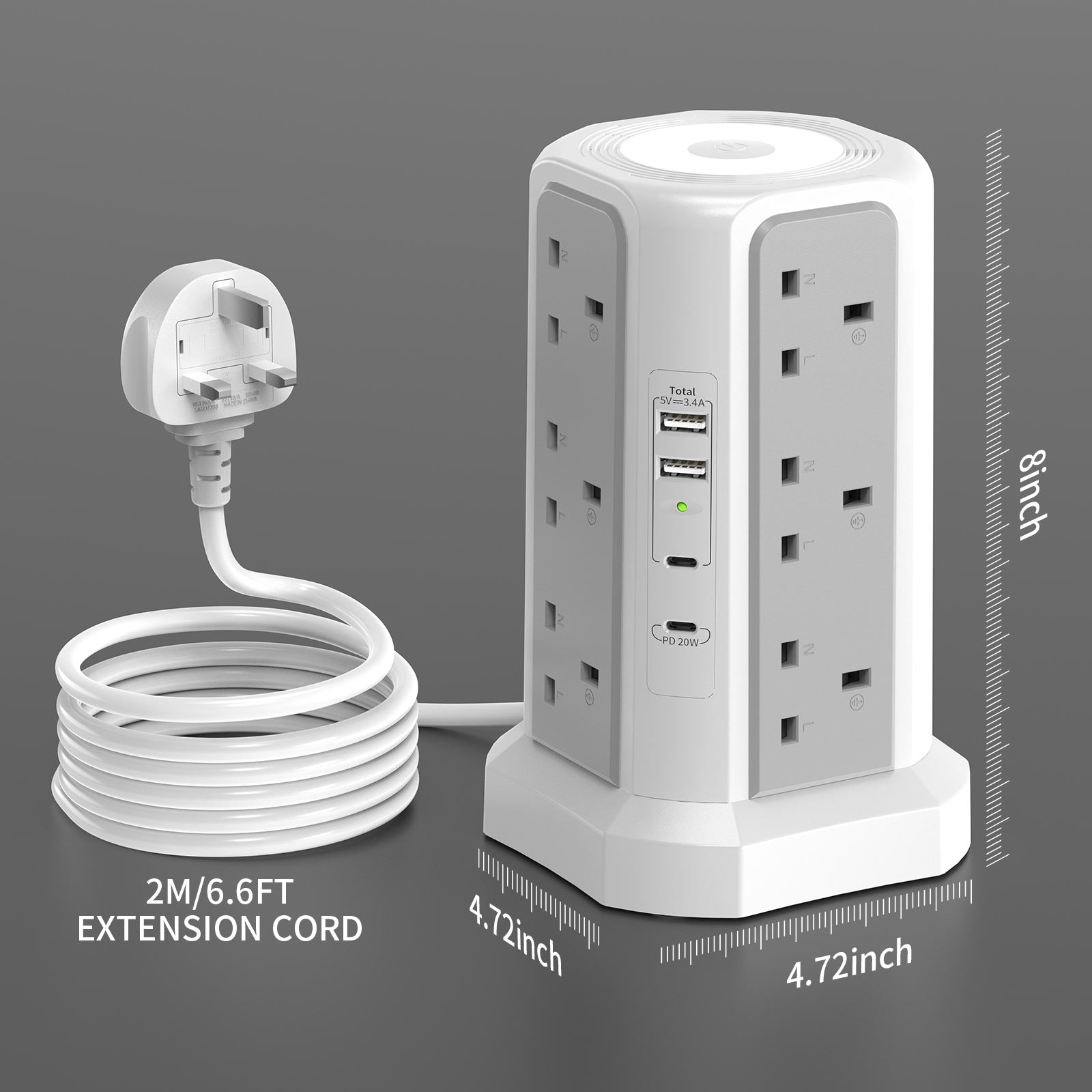 Tower expansion lead with 20W USB C fast charger, 12-way plug expansion tower with night light, 3250W with 2M extension cable