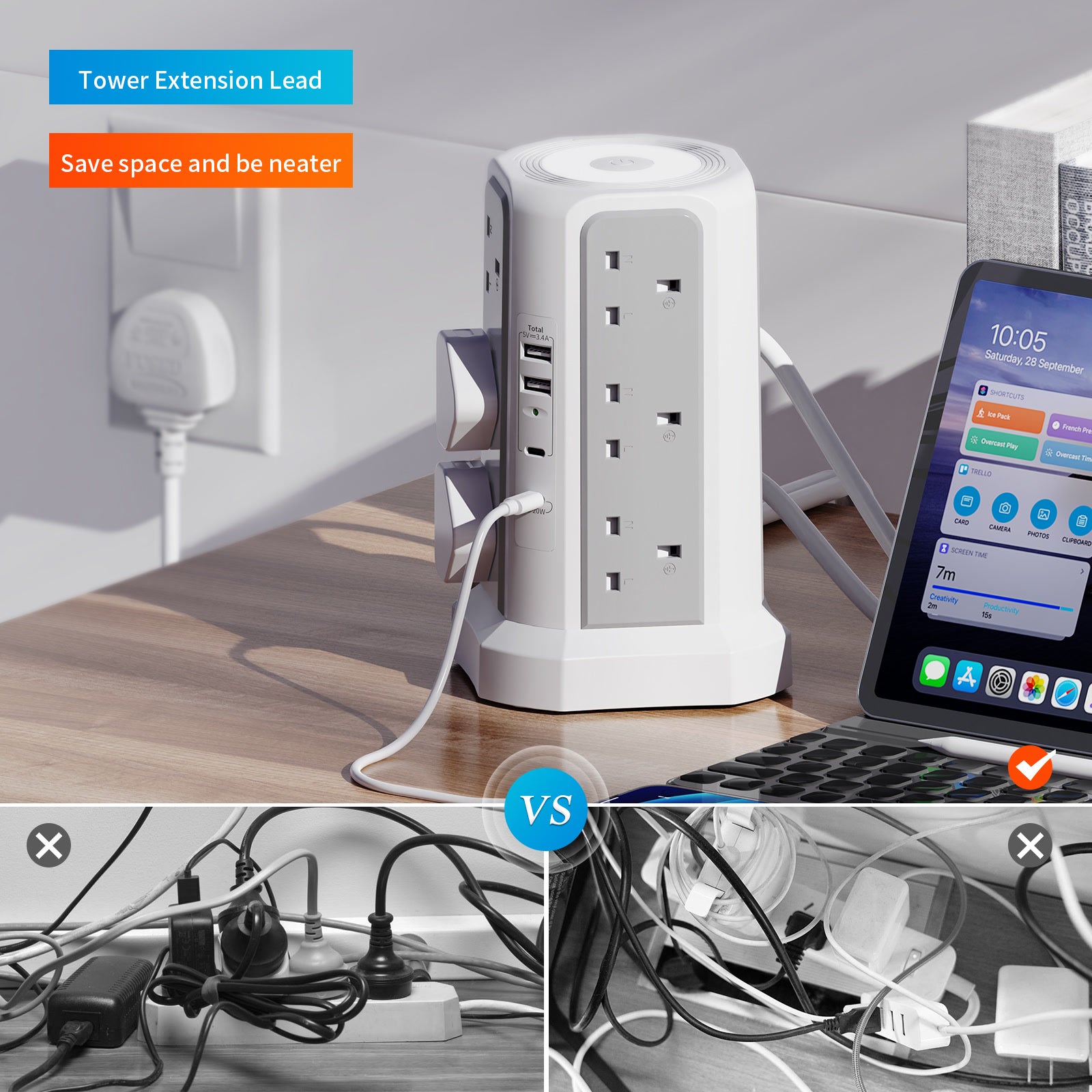 Tower expansion lead with 20W USB C fast charger, 12-way plug expansion tower with night light, 3250W with 2M extension cable