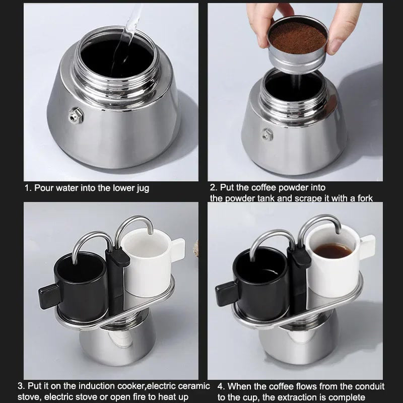 Mini 100ml Moka Pot Double Tube Coffee Pot Stainless Steel Italian Coffee Maker Espresso Utensils Kettle Electric Stove Heating